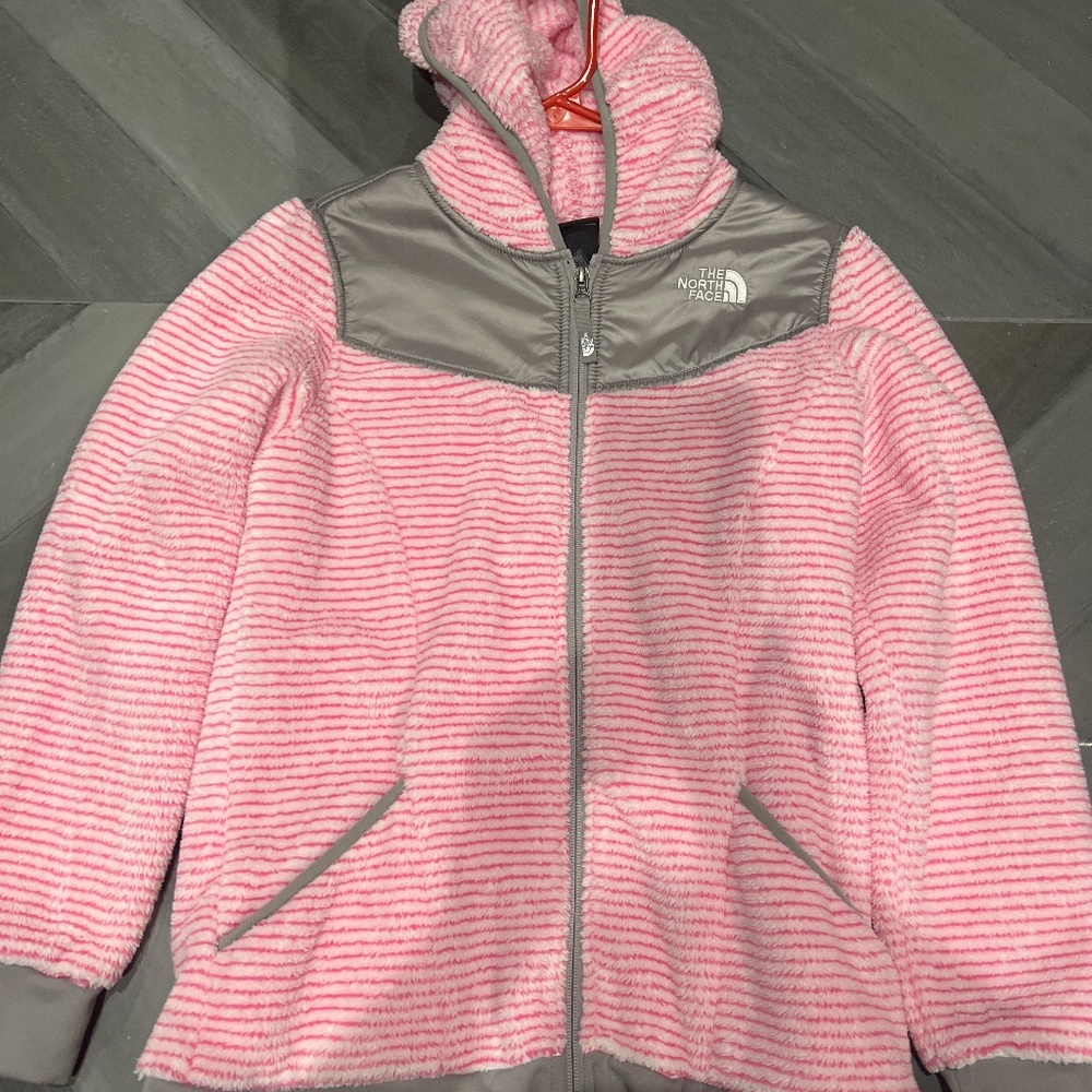 The north face fleece jacket pink/grey stripe girls